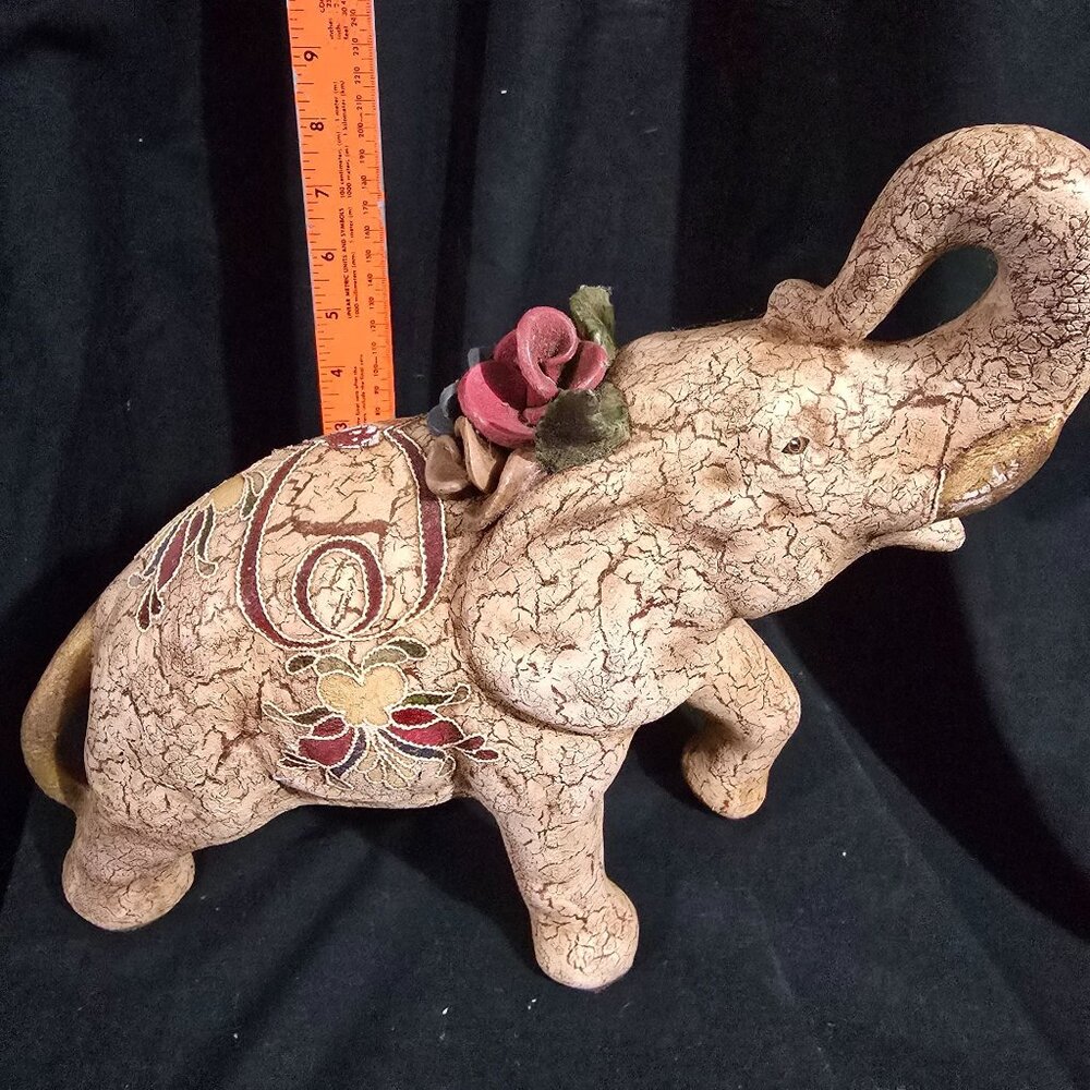 Decorative Hand-Painted Elephant Figurine With Floral Accents & Crackled Texture
